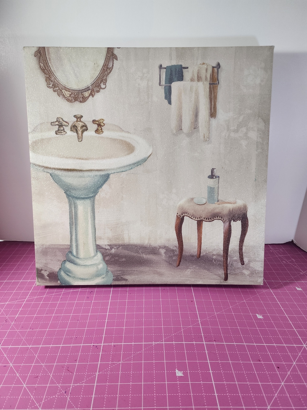 Vintage Bathroom Pedestal Sink Wall Art - Blue and Brown